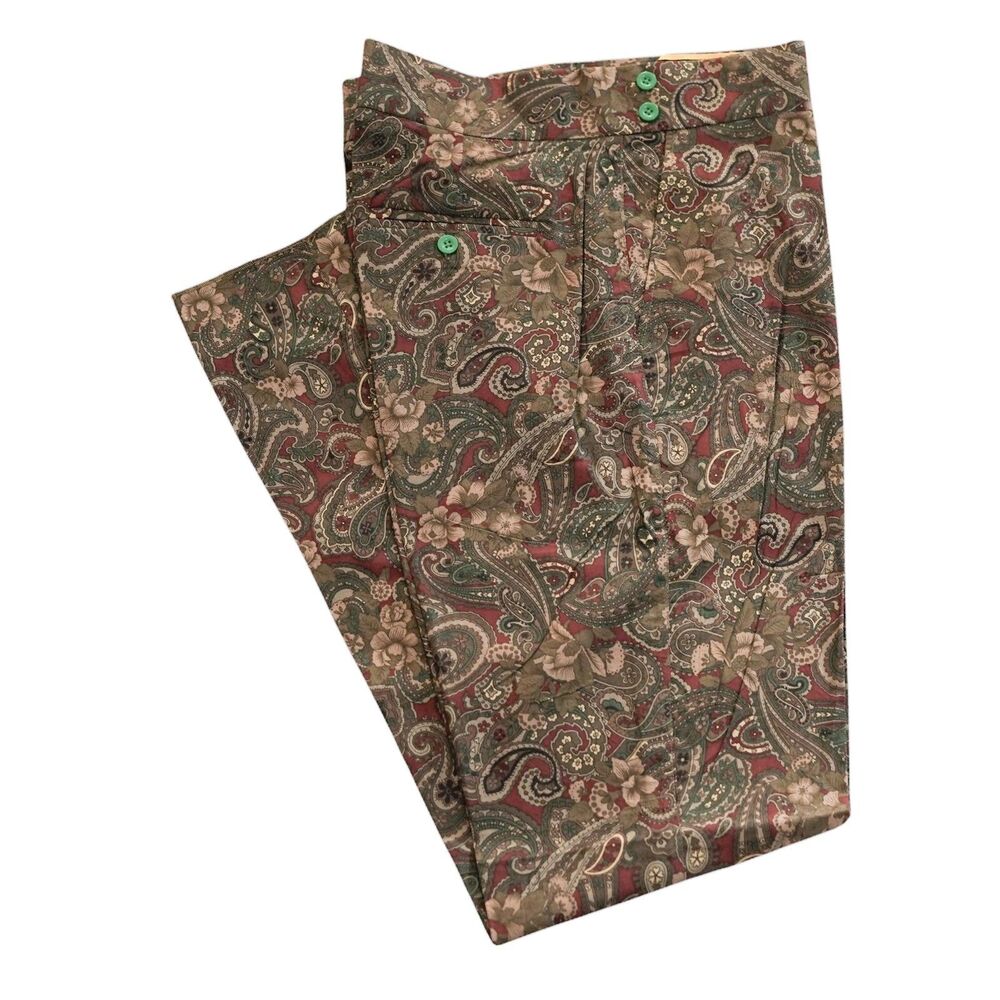 Mens Gurkha Pants 36 Olive Red Paisley Flat Front Slim Fit Cotton Dress Trousers